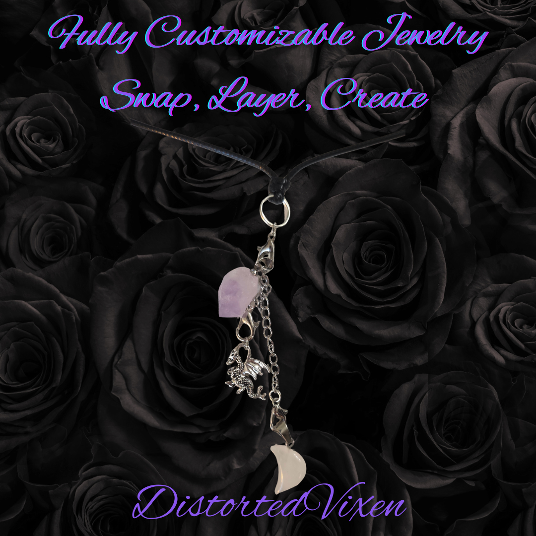 Amethyst & Quartz Moon Dragon Necklace | Adjustable Waxed Cord