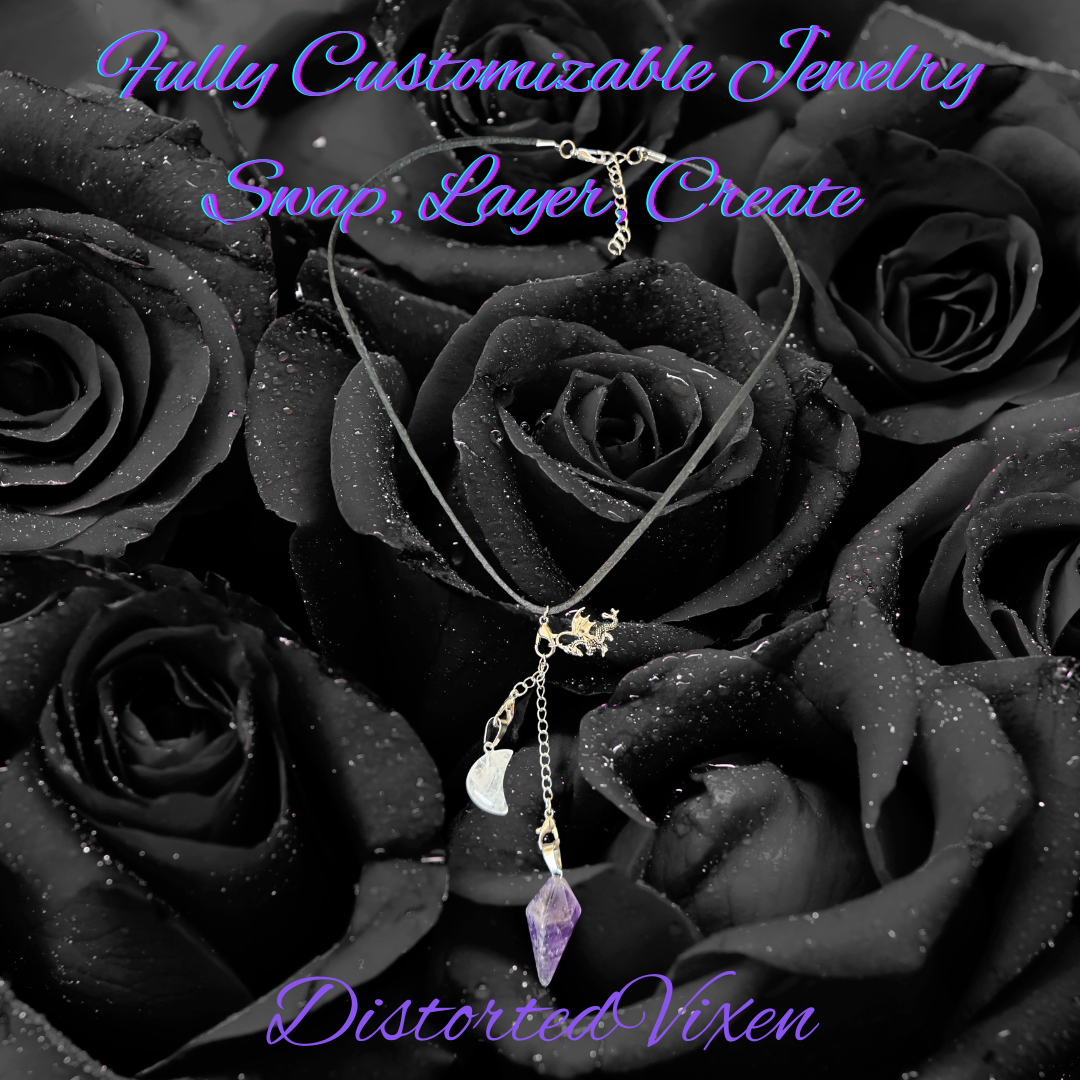 Dragon Amethyst Pendulum Necklace • Clear Quartz Moon • Witch Divination Jewelry • Crystal Dowsing Tool