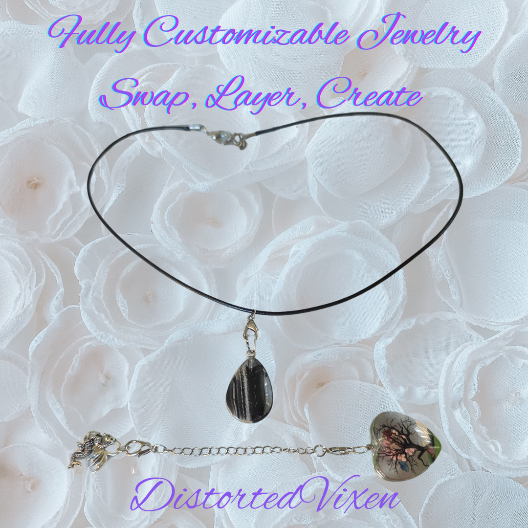 Tree of Life Dragon Necklace – Resin Heart & Black Glass Teardrop Pendant, Adjustable Cord Layering Jewelry