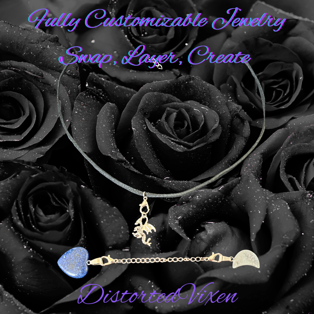 Lapis Heart Necklace with Quartz Moon & Dragon Charm • Customizable Charm Necklace • Blue Crystal Heart Pendant • Witchy Jewelry