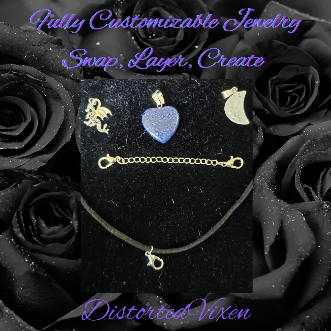 Lapis Heart Necklace with Quartz Moon & Dragon Charm • Customizable Charm Necklace • Blue Crystal Heart Pendant • Witchy Jewelry