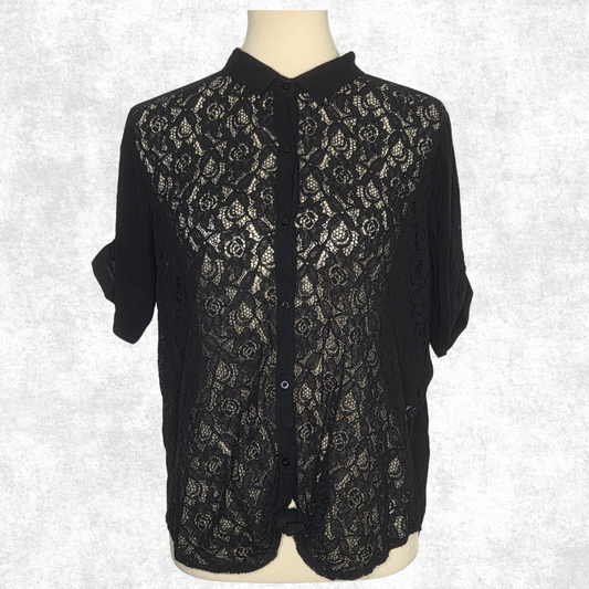 Black Lace Preloved Button-Up Blouse Floral Sheer Size L – Gothcore / Dark Academia