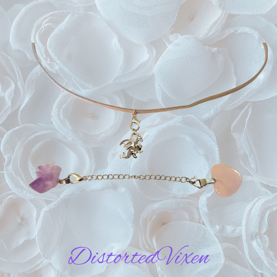 Rose Quartz & Amethyst Dragon Necklace, Adjustable Gray Cord, Interchangeable Charms, Layered Healing Jewelry