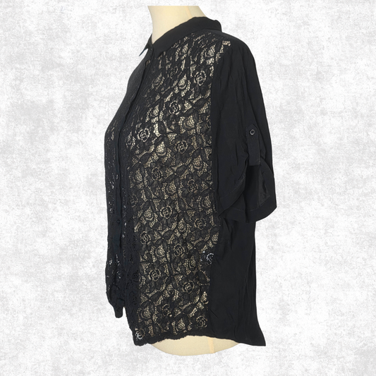 Black Lace Preloved Button-Up Blouse Floral Sheer Size L – Gothcore / Dark Academia