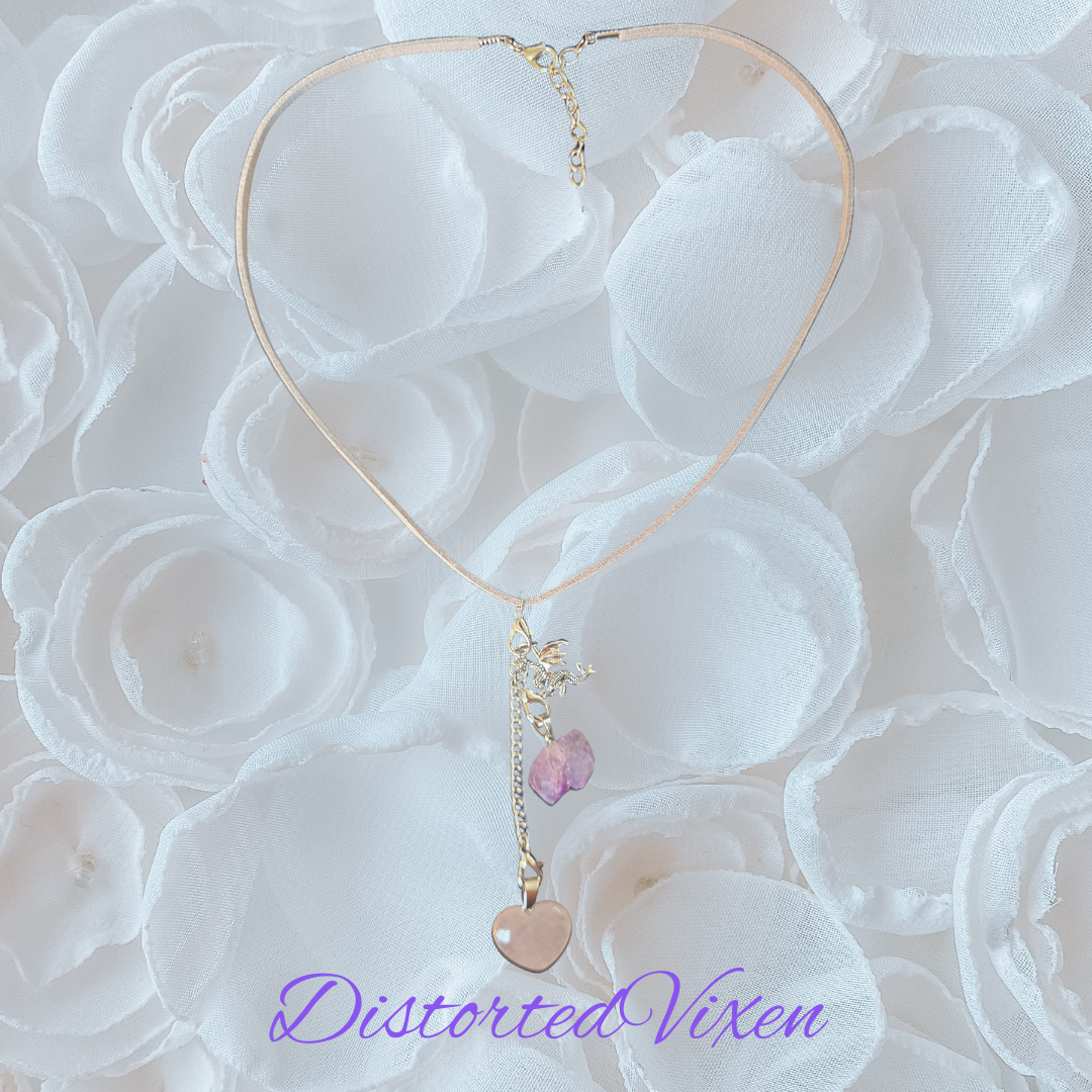 Rose Quartz & Amethyst Dragon Necklace, Adjustable Gray Cord, Interchangeable Charms, Layered Healing Jewelry