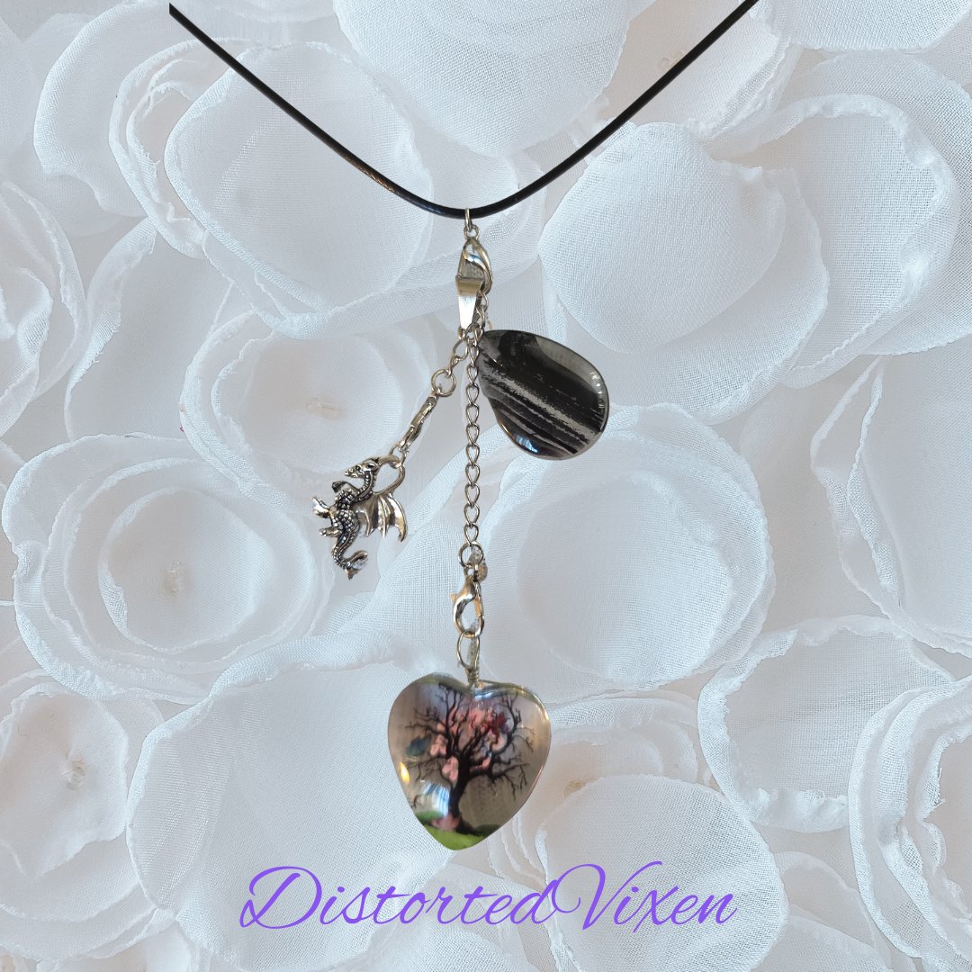 Tree of Life Dragon Necklace – Resin Heart & Black Glass Teardrop Pendant, Adjustable Cord Layering Jewelry