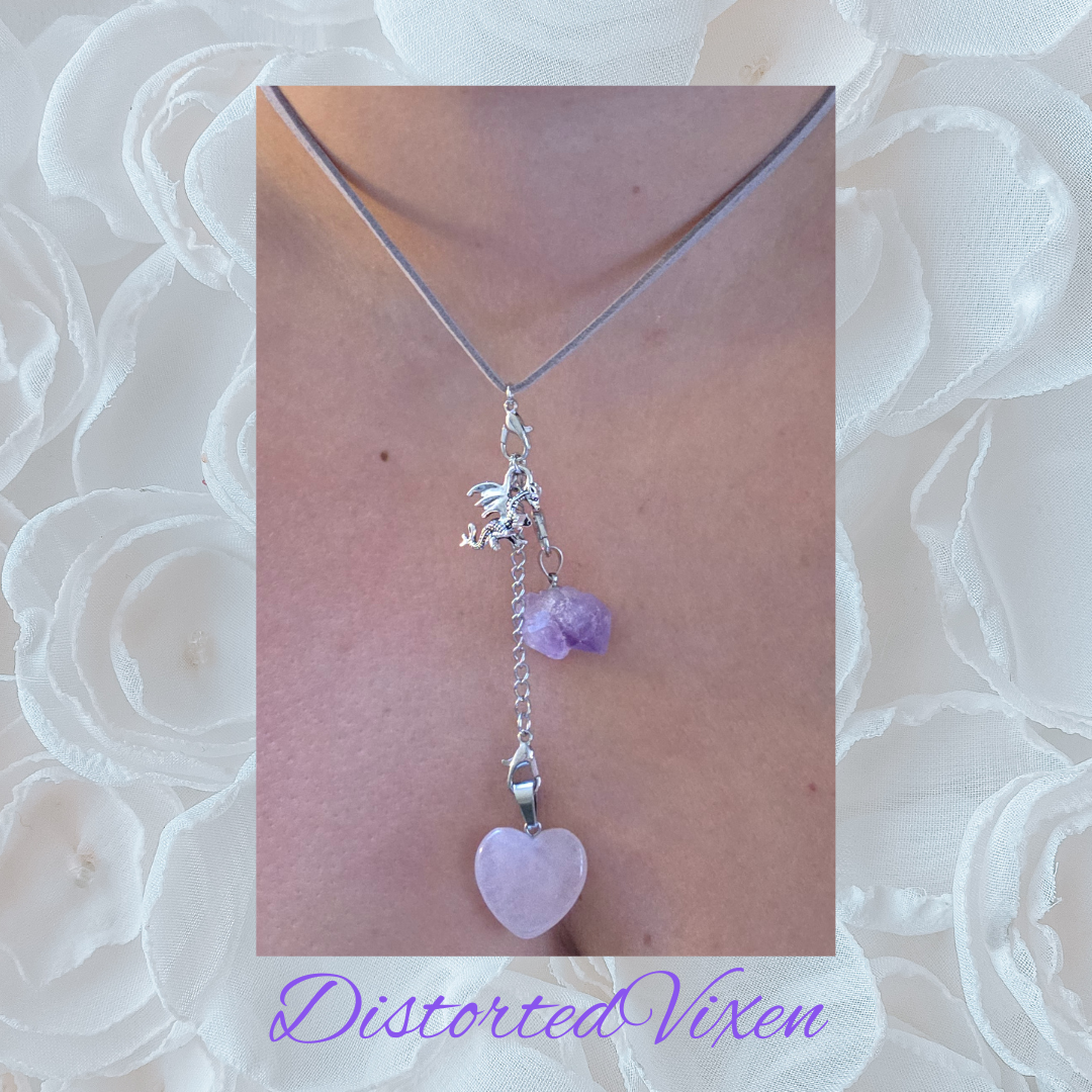 Rose Quartz & Amethyst Dragon Necklace, Adjustable Gray Cord, Interchangeable Charms, Layered Healing Jewelry