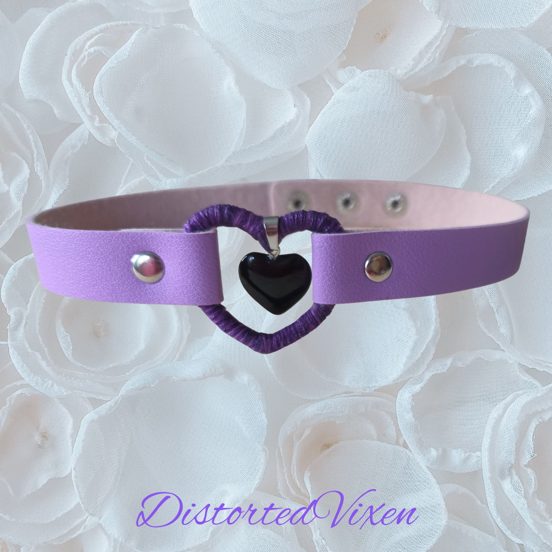 Black Obsidian Heart Choker – Purple Wrapped Heart Gothic Choker Necklace