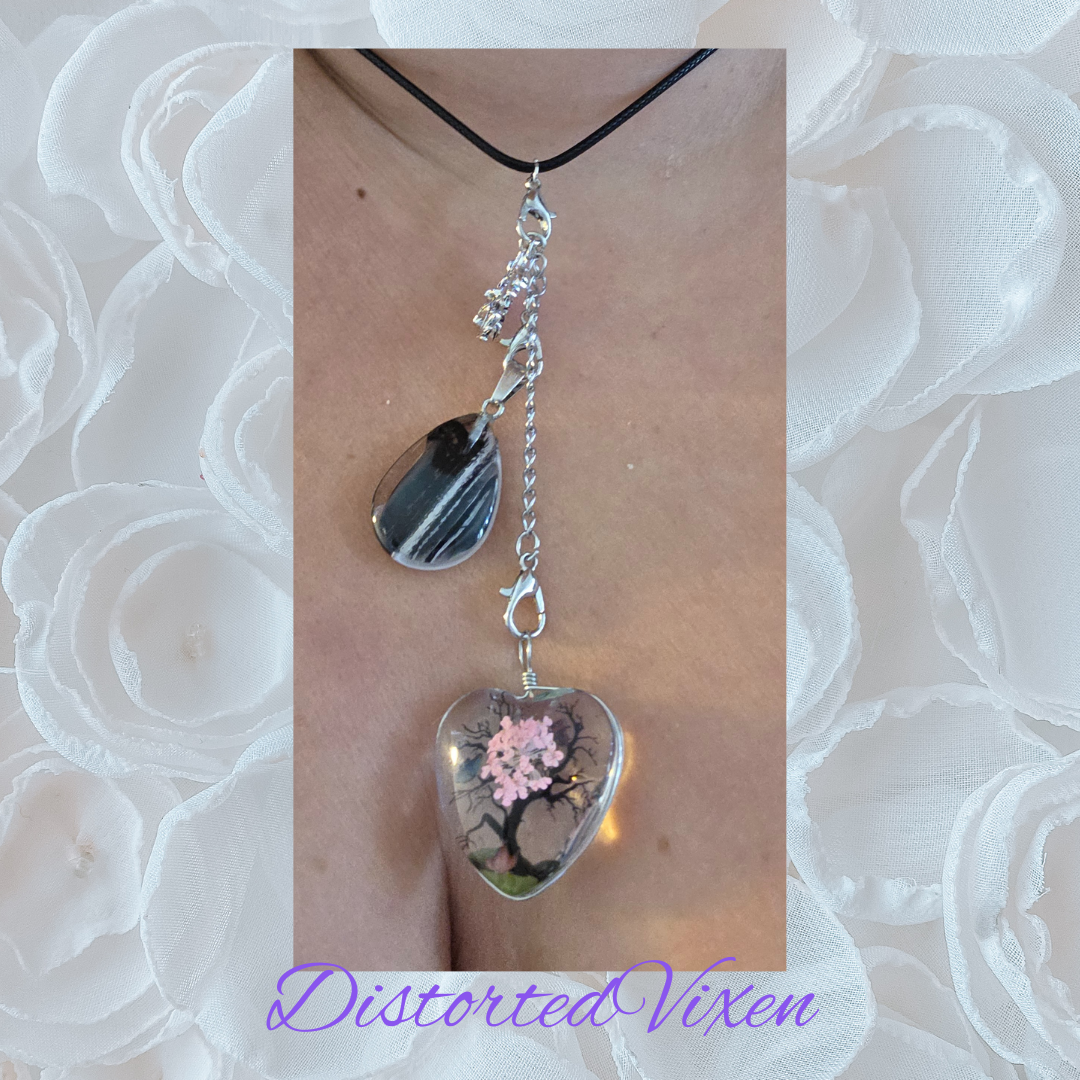 Tree of Life Dragon Necklace – Resin Heart & Black Glass Teardrop Pendant, Adjustable Cord Layering Jewelry