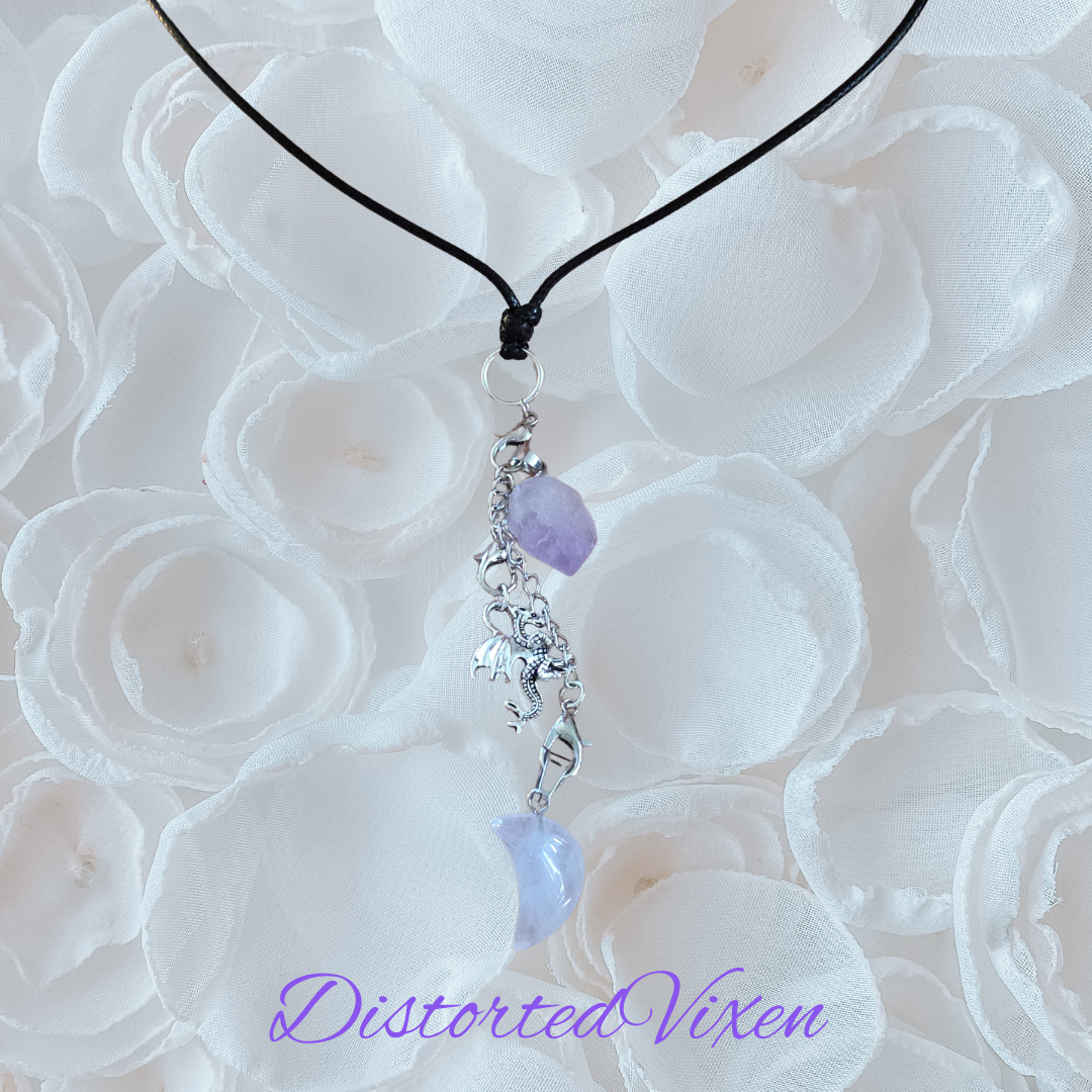 Amethyst & Quartz Moon Dragon Necklace | Adjustable Waxed Cord