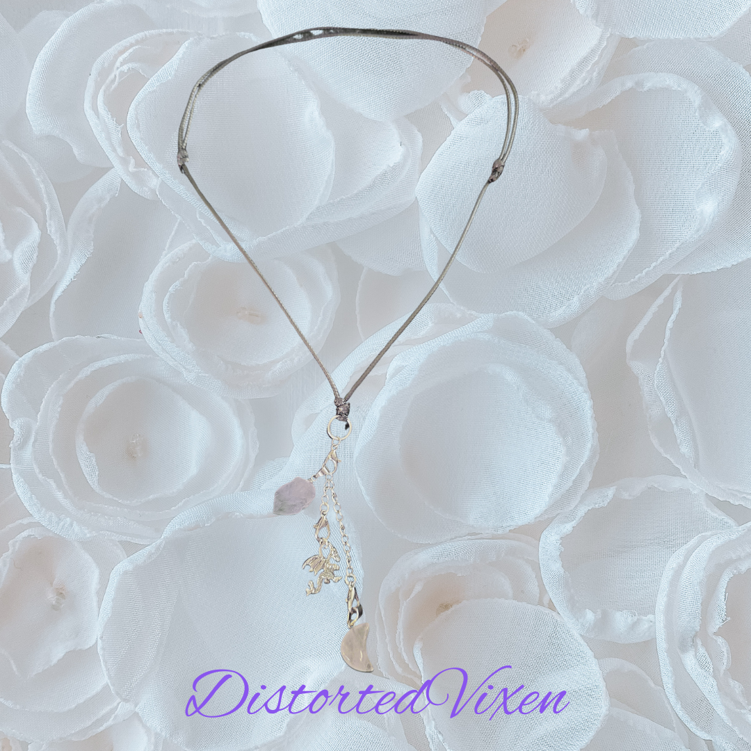 Amethyst & Quartz Moon Dragon Necklace | Adjustable Waxed Cord