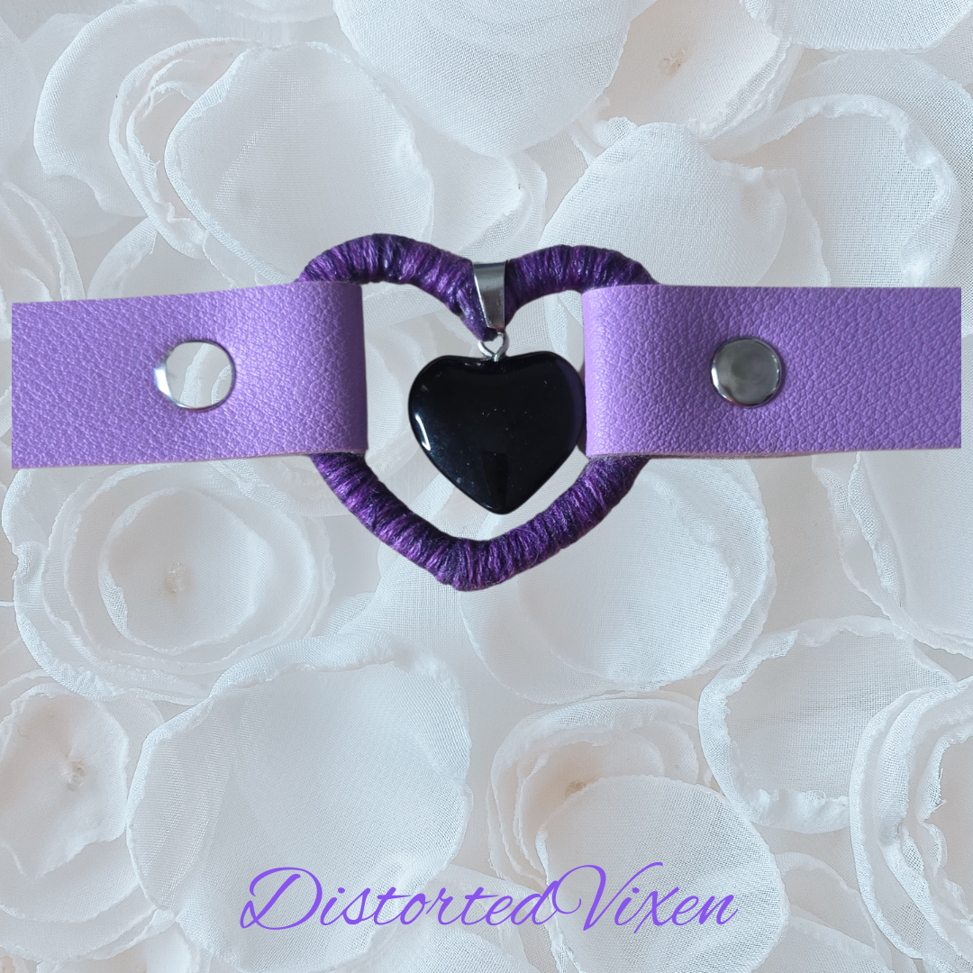 Black Obsidian Heart Choker – Purple Wrapped Heart Gothic Choker Necklace