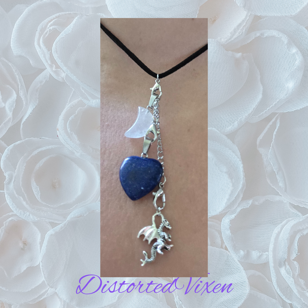 Lapis Heart Necklace with Quartz Moon & Dragon Charm • Customizable Charm Necklace • Blue Crystal Heart Pendant • Witchy Jewelry