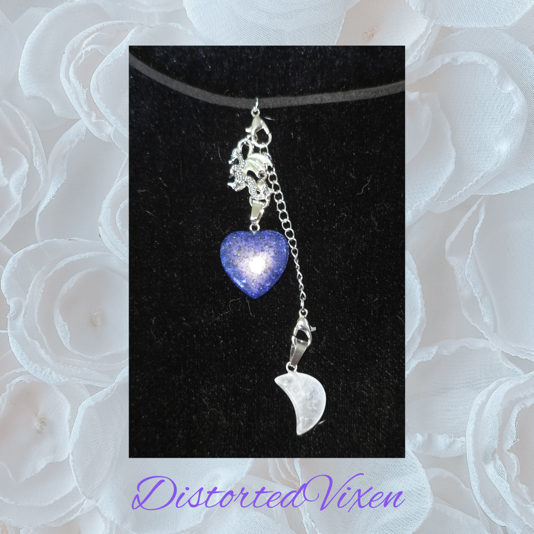 Lapis Heart Necklace with Quartz Moon & Dragon Charm • Customizable Charm Necklace • Blue Crystal Heart Pendant • Witchy Jewelry