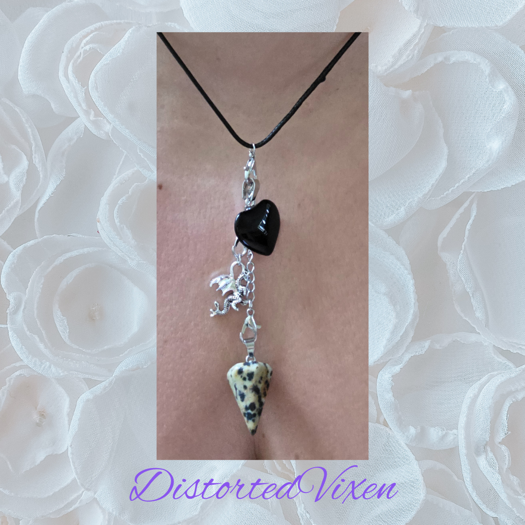 Obsidian Heart Necklace • Dalmatian Jasper Pendulum • Dragon Charm Jewelry