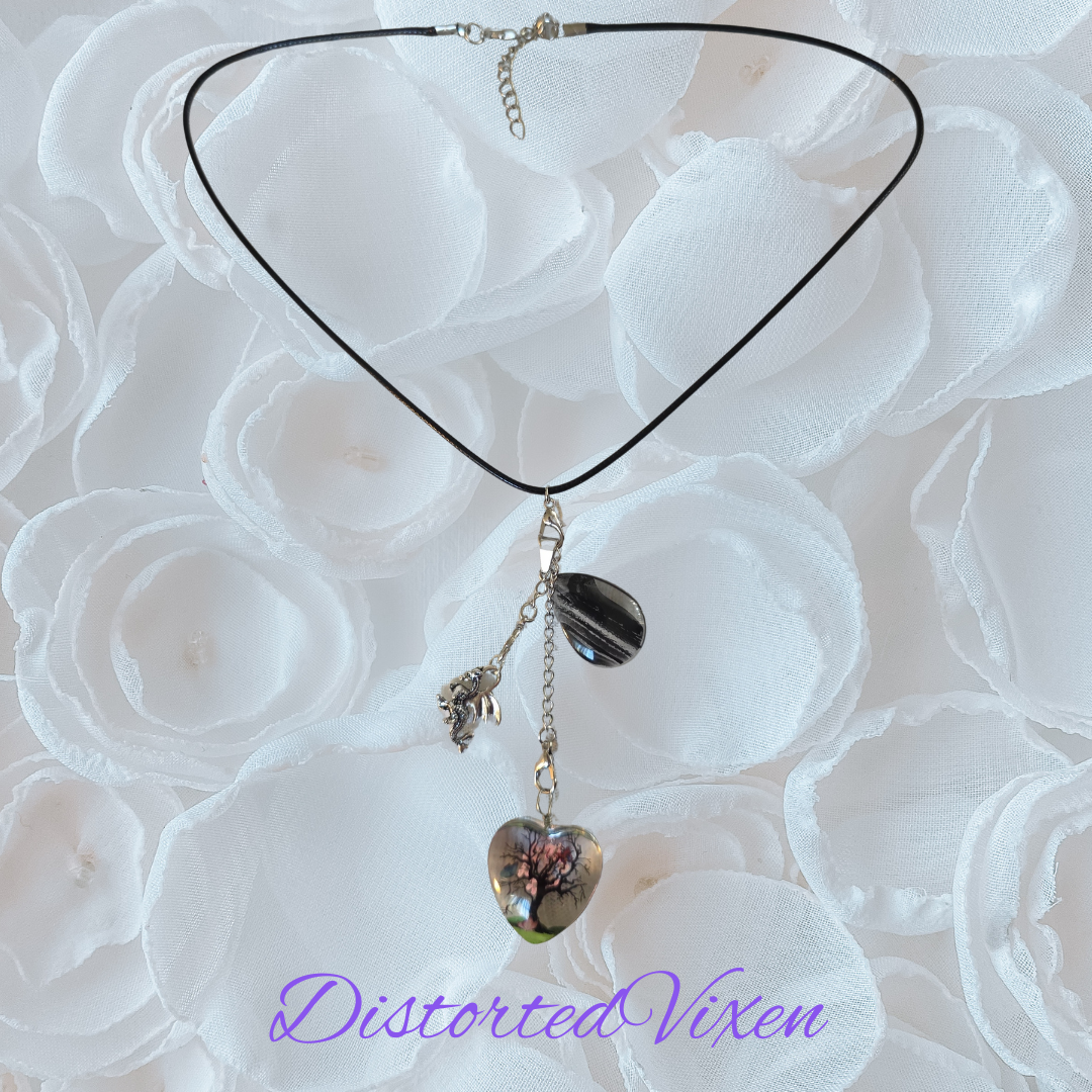 Tree of Life Dragon Necklace – Resin Heart & Black Glass Teardrop Pendant, Adjustable Cord Layering Jewelry