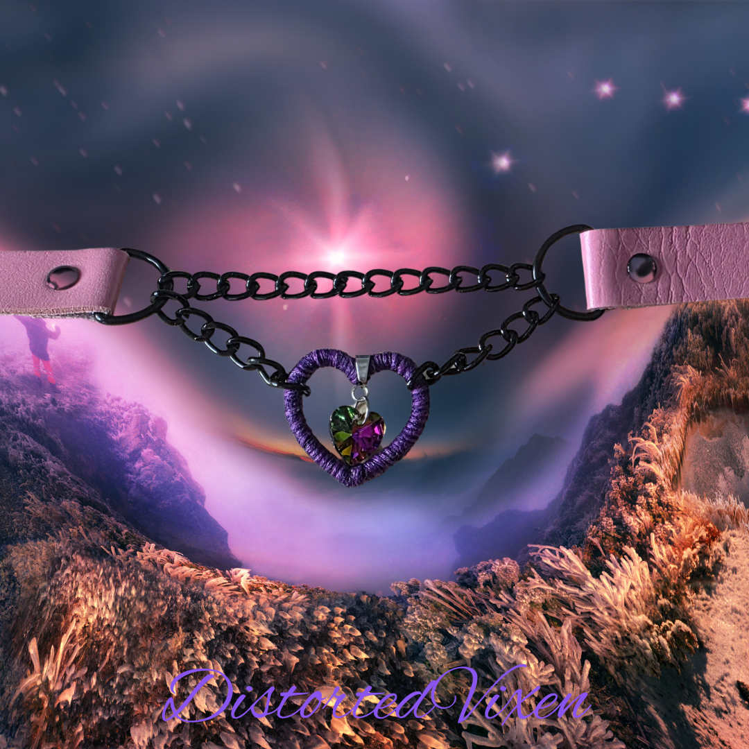 Purple Heart Choker Necklace, Gothic Chain Valentine Choker, Alternative Goth Jewelry