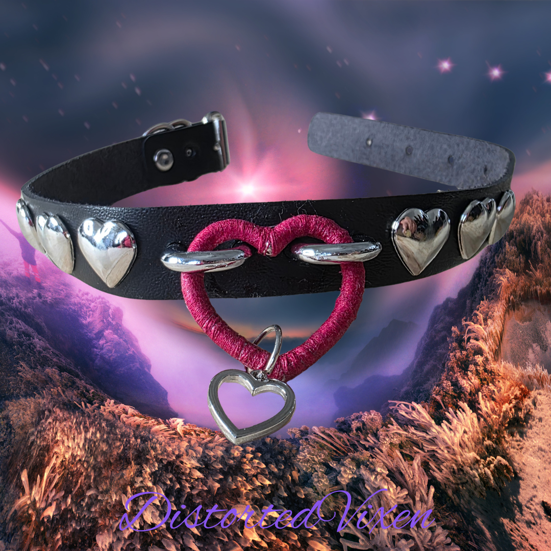 Black Heart Choker Necklace – Gothic Faux Leather Collar with Red Heart Ring & Silver Heart Studs | Alternative Valentine Jewelry