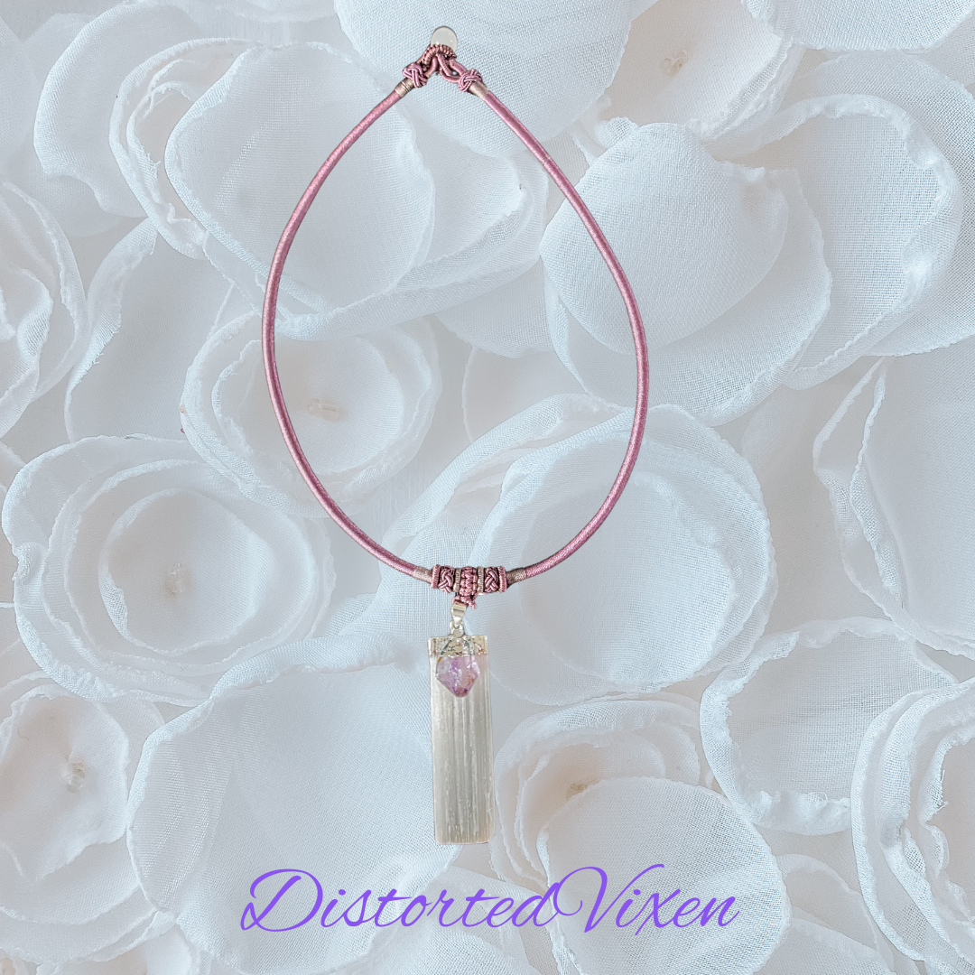 Amethyst & Selenite Necklace | Mauve Cord Choker | Crystal Healing Jewelry | Spiritual Protection Necklace