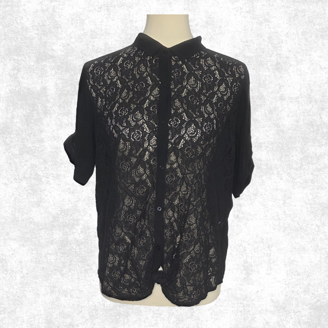 Black Lace Preloved Button-Up Blouse Floral Sheer Size L – Gothcore / Dark Academia