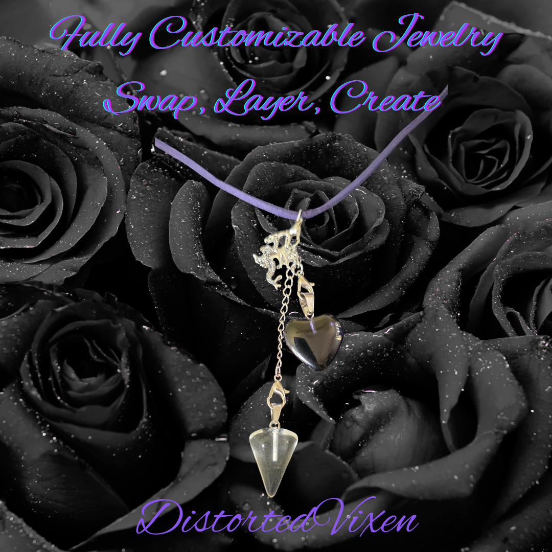 Navy Blue Glass Heart & Clear Glass Pendulum Necklace – Interchangeable Dragon Charm, Modular Gothic Jewelry
