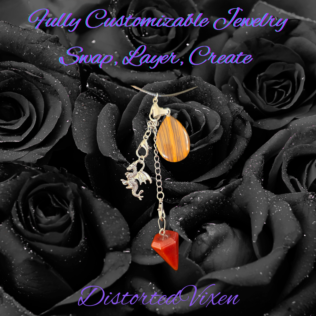 Red Jasper Pendulum & Tiger’s Eye Necklace, Interchangeable Charm Necklace with Dragon Charm