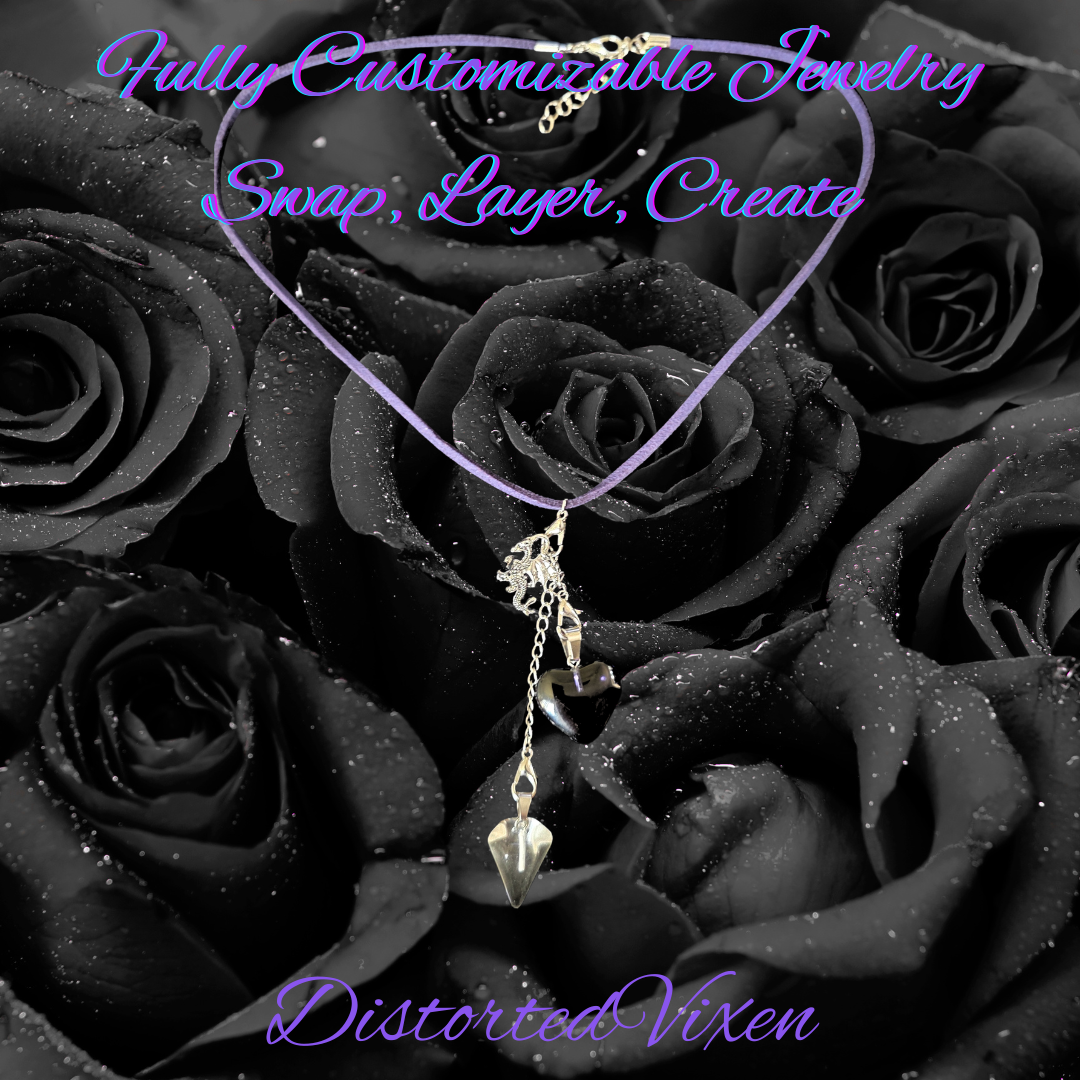Navy Blue Glass Heart & Clear Glass Pendulum Necklace – Interchangeable Dragon Charm, Modular Gothic Jewelry