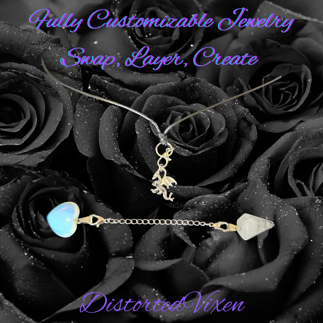 Quartz Pendulum & Opalite Heart Necklace – Interchangeable Dragon Charm, Modular Gothic Jewelry
