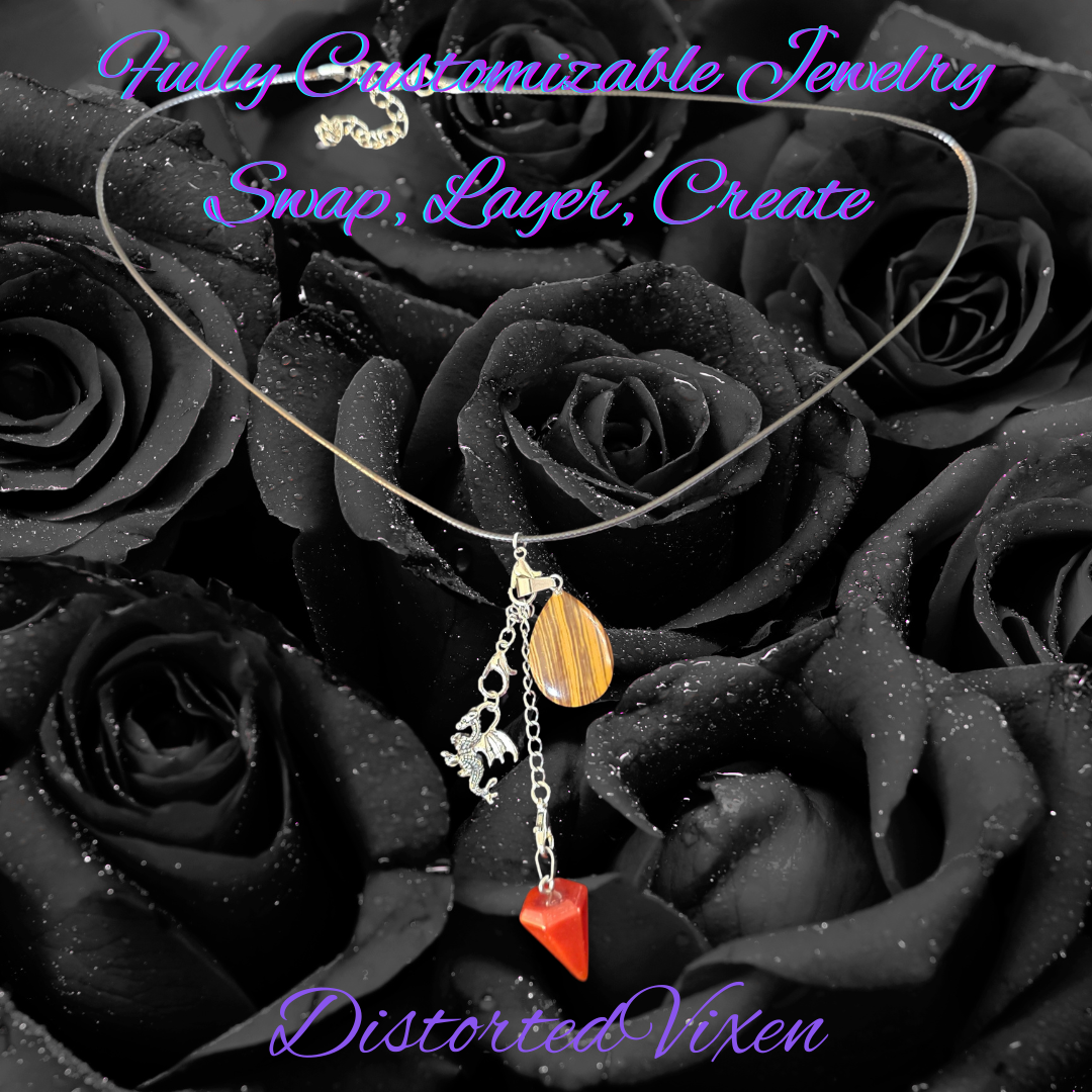Red Jasper Pendulum & Tiger’s Eye Necklace, Interchangeable Charm Necklace with Dragon Charm