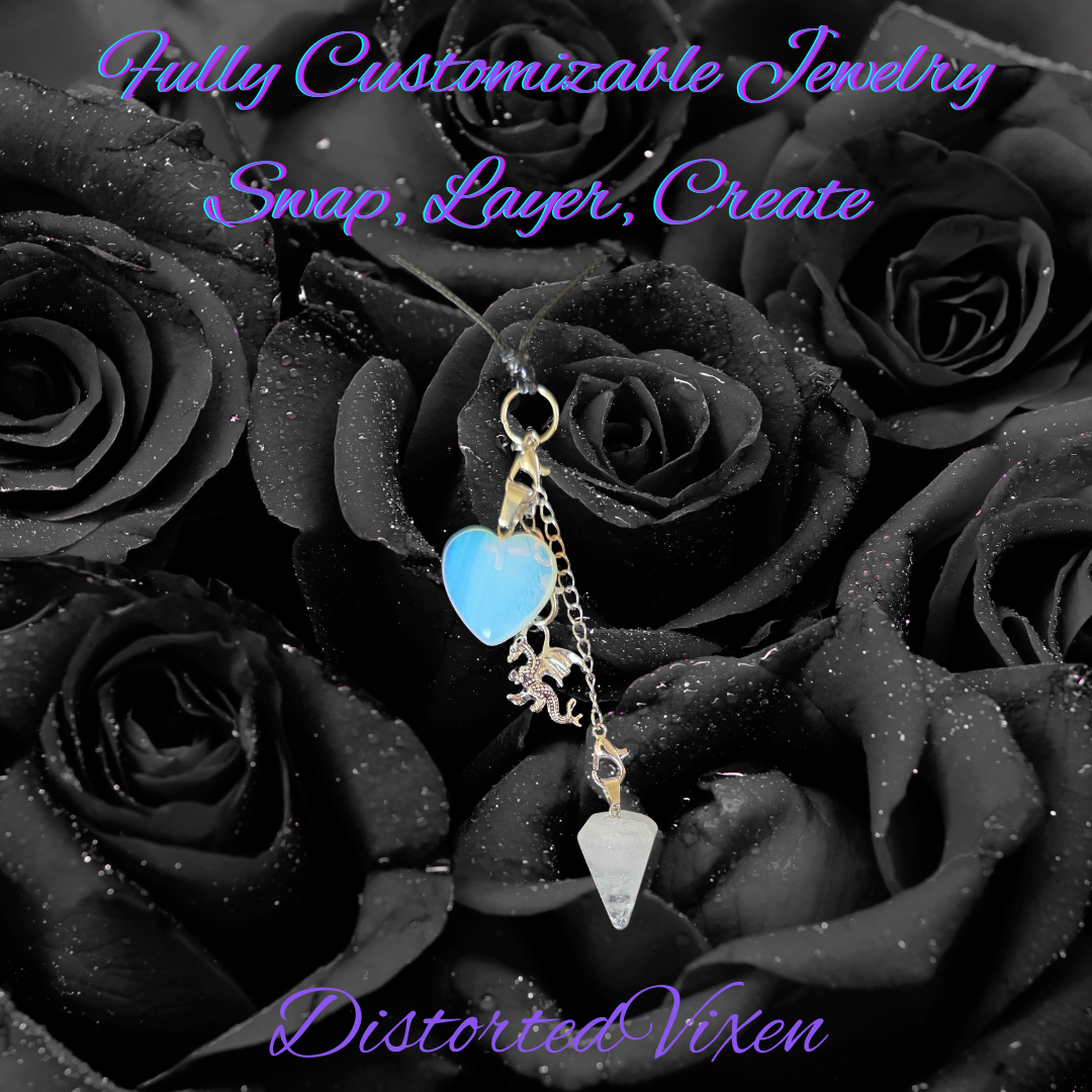 Quartz Pendulum & Opalite Heart Necklace – Interchangeable Dragon Charm, Modular Gothic Jewelry