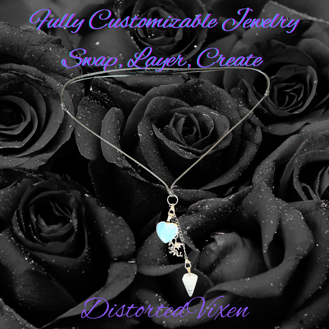 Quartz Pendulum & Opalite Heart Necklace – Interchangeable Dragon Charm, Modular Gothic Jewelry
