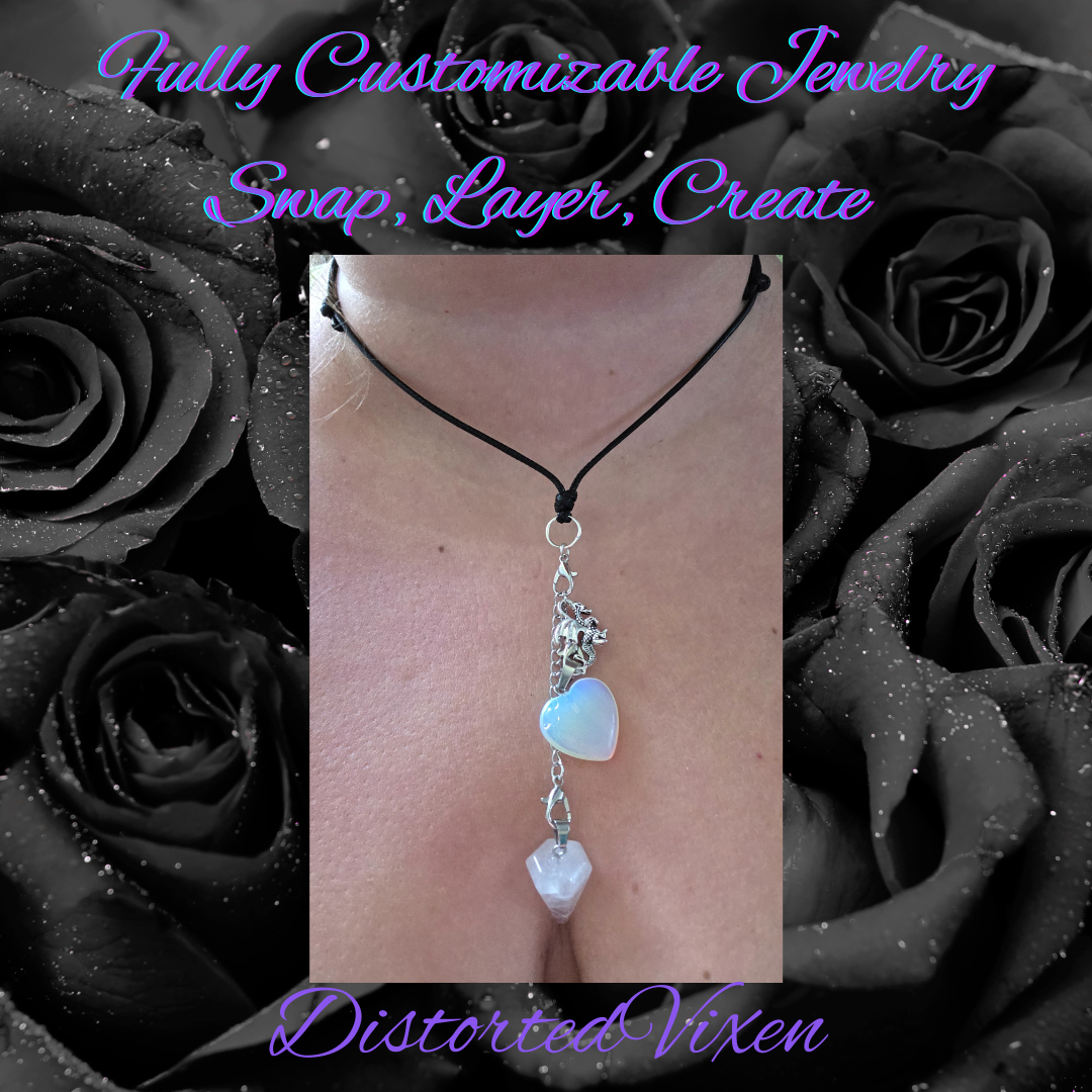 Quartz Pendulum & Opalite Heart Necklace – Interchangeable Dragon Charm, Modular Gothic Jewelry