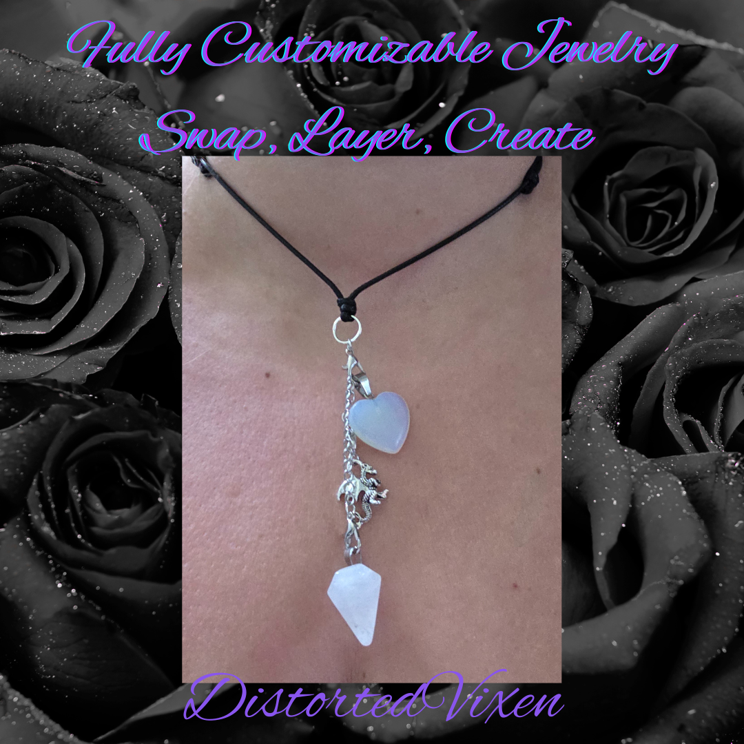 Quartz Pendulum & Opalite Heart Necklace – Interchangeable Dragon Charm, Modular Gothic Jewelry