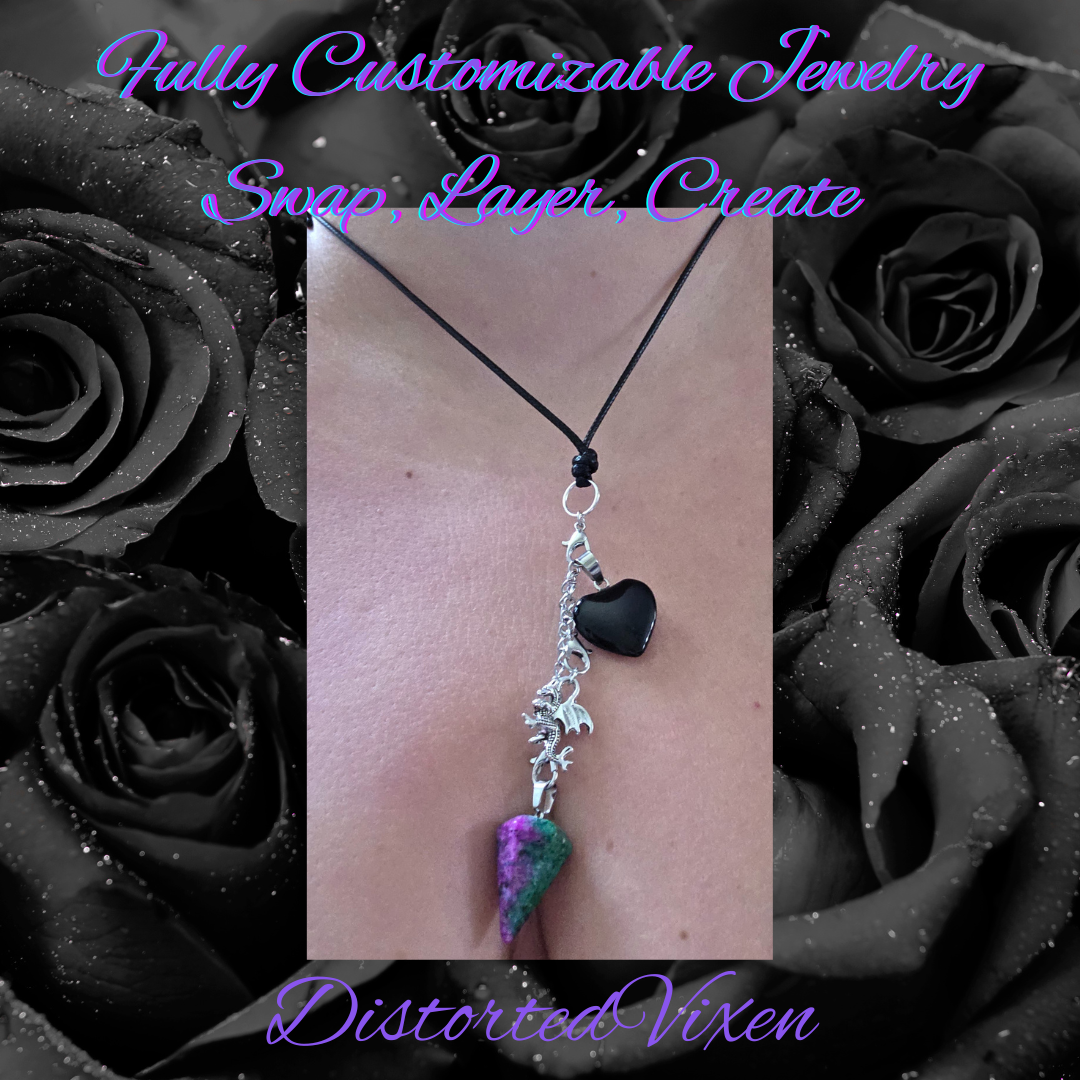 Black Obsidian Heart & Ruby Zoisite Pendulum Necklace – Interchangeable Dragon Charm Jewelry, Gothic Crystal Necklace