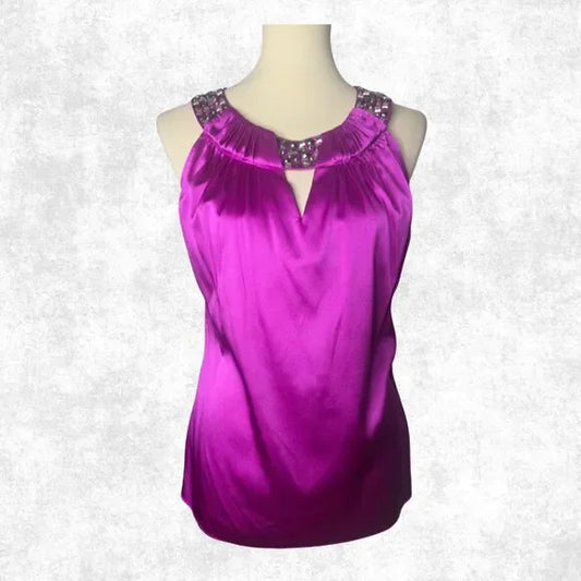 Cache preloved Satin Magenta Embellished Halter Top Medium Glam Clubwear Y2K Party Vibe