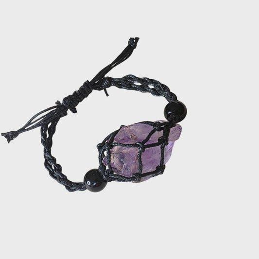Amethyst Crystal Bracelet – Adjustable Macramé Pouch – Healing & Intuition Jewelry